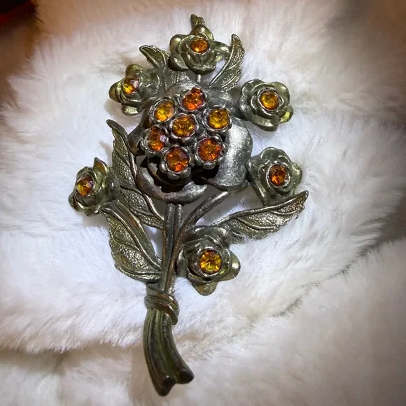 Little Nemo Flower Bunch Amber Rhinestone Bouquet LN/25 Vintage Silver Tone - Picture 12 of 12